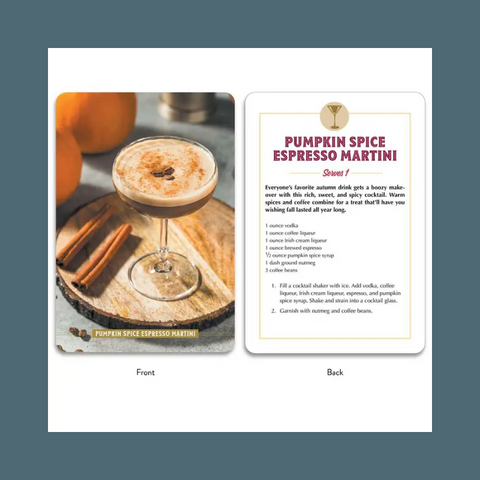Pumpkin Spice Espresso Martini recipe card with a cocktail image on a white background