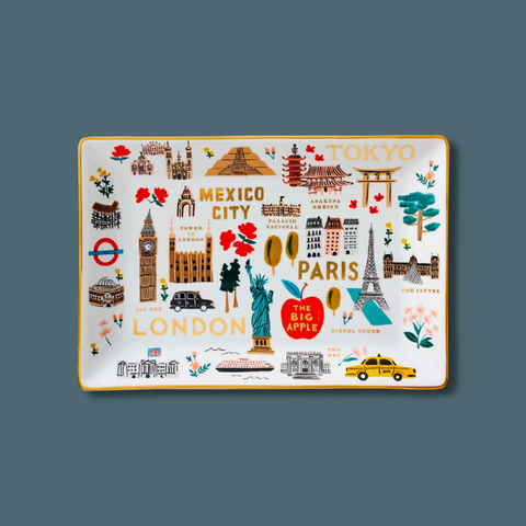 White tray with images of different world cities