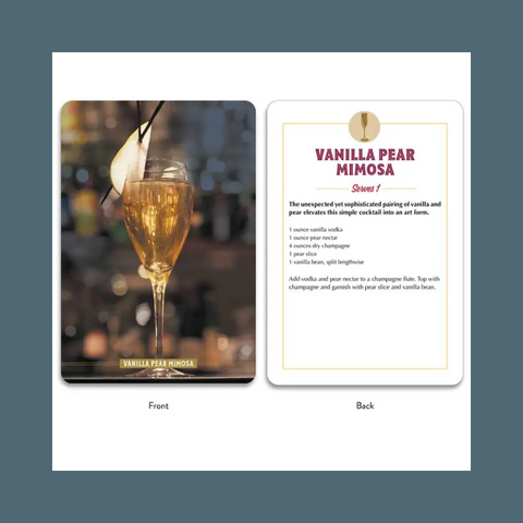 Vanilla Pear Mimosa cocktail card with a glass of champagne on a blurred bar background