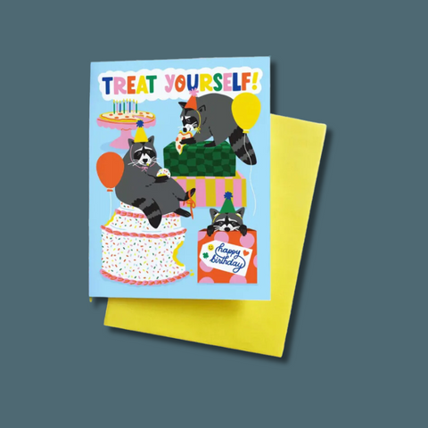 Treat Yourself Raccoons Birthday Card