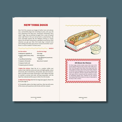 Open book showing a recipe for New York-style hot dogs with illustrations and text.