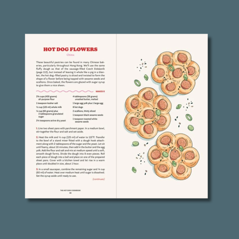 Open book with a recipe for 'Hot Dog Flowers' on a blue background