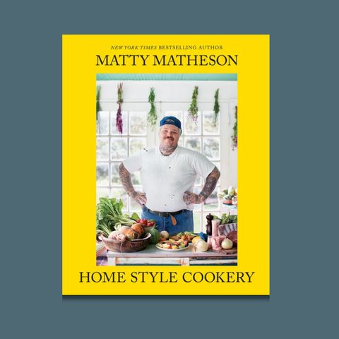 Book cover of 'Home Style Cookery' by Matty Matheson with a yellow border and photo of the author in a kitchen.