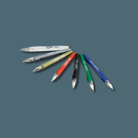 Set of multicolored gel pens on a gray background