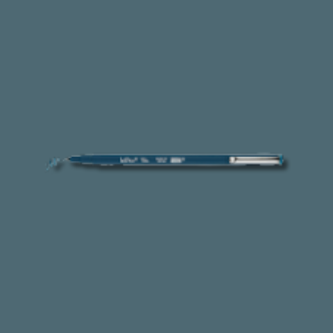 A slim blue pen with white printed text and a silver clip, shown horizontally against a solid dark blue-gray background.